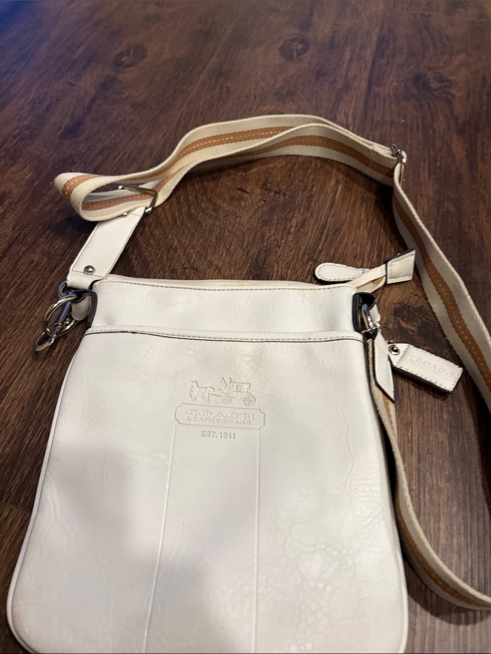 Coach Cream White Leather Crossbody with Striped Adjustable Strap